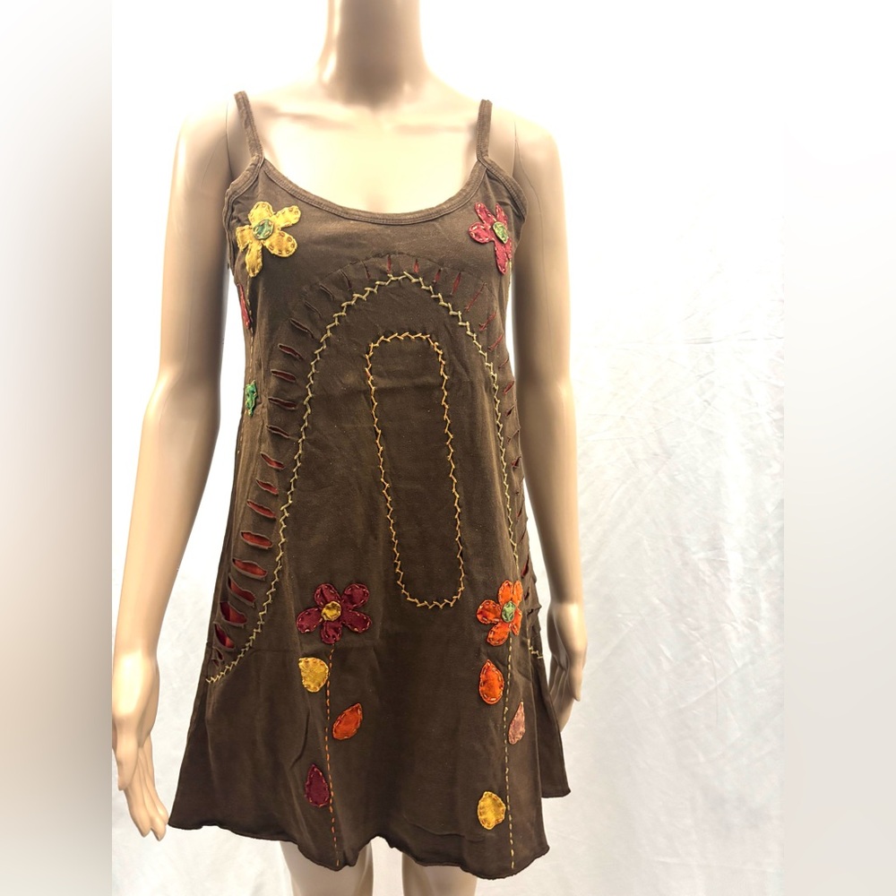 Floral Embroidered Brown Dress/tops